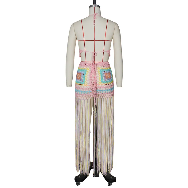 

Women Two Pieces Sets Print Sleeve Tassel Print Hollow Out Beach blouse Top Bodycon Mini Skirts Suit Tracksuits Dress