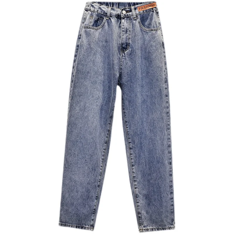 

High Waist Cotton Jeans Women Spring Autumn All-match Zipper Fly Casual Ankle-length Trousers Harem Pants Dark Gray Light Blue