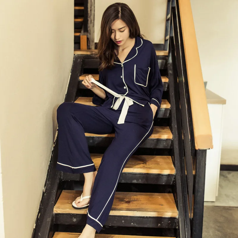 

Spring New Women's Pajamas Solid Modal Trouser Suits Female Long Sleeve Pajama Sets Breathable Soft Loose Home Clothes MA70018