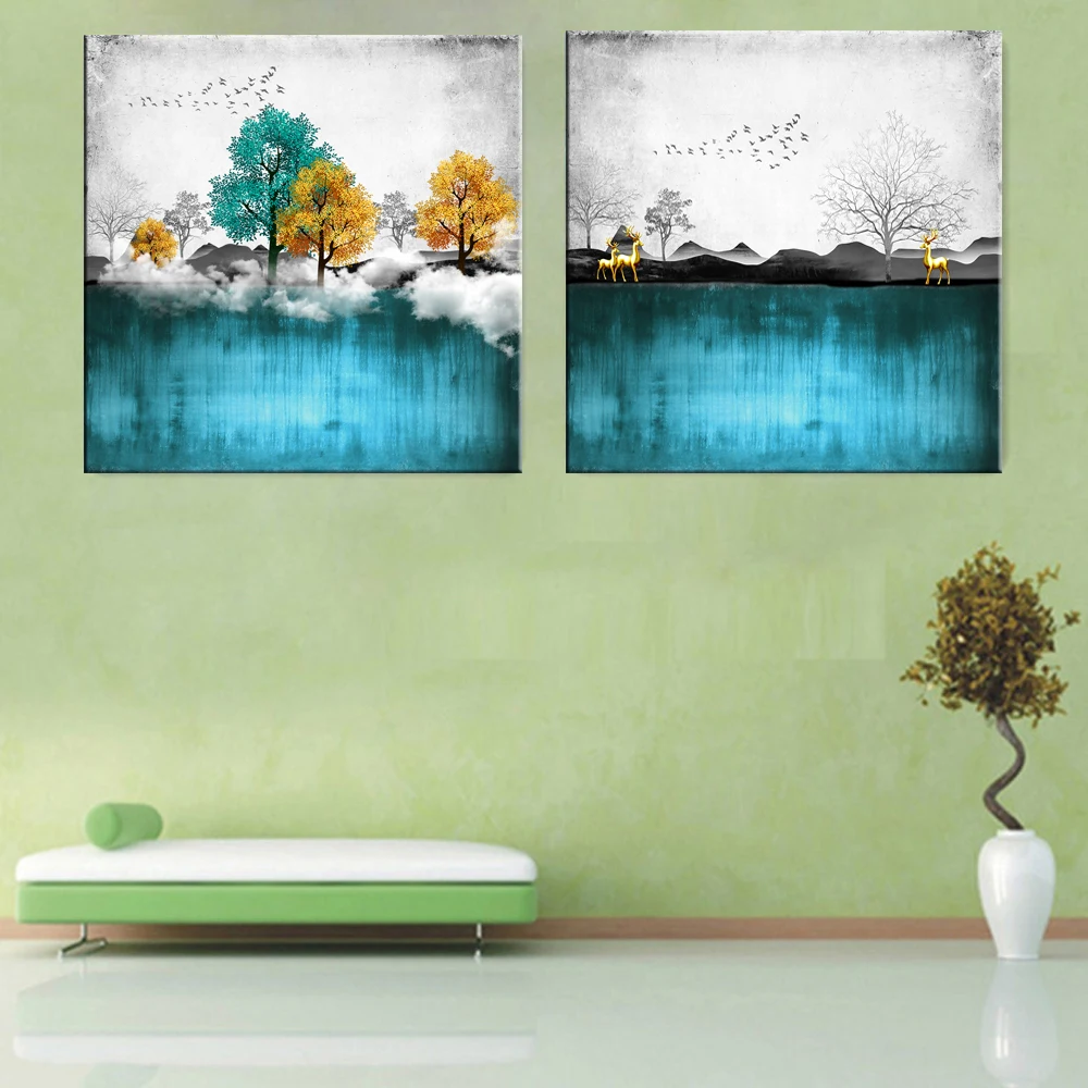Горное озеро елка лося Картина Пейзаж абстрактная живопись плакат Nordic украшения