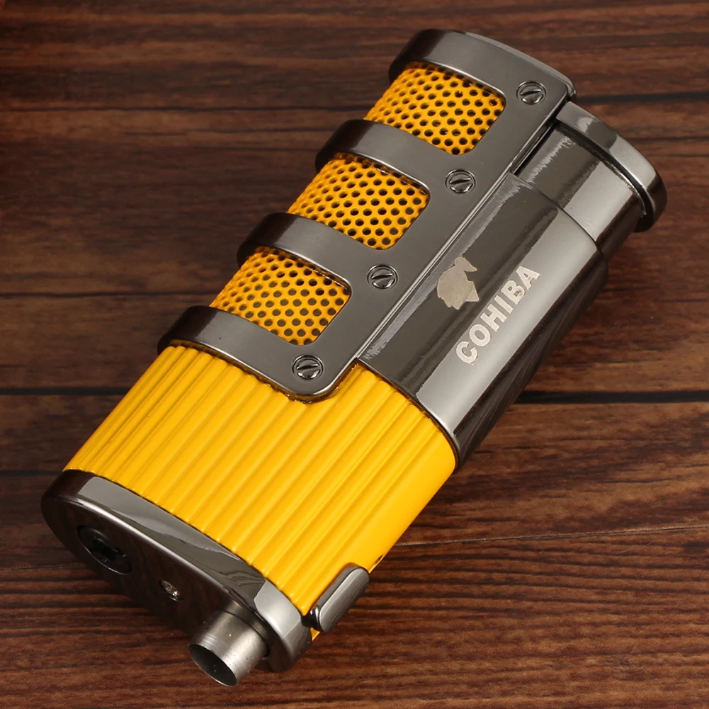 Зажигалка COHIBA металлическая карманная Бутановая Зажигалка для Сигар Зажигалка газовая ветрозащитная 3 струйная модная Зажигалка для Аксессуары для сигар W/Подарочная коробка