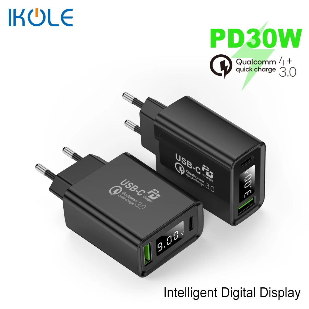 Зарядное устройство IKOLE PD USB 5 А PD30W Type C 20 Вт быстрая зарядка для iPhone 12 11Pro 8 X QC4 + QC3.0