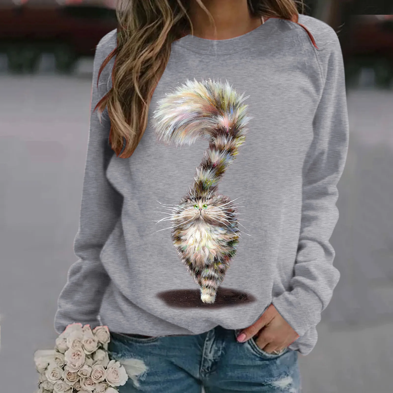 Женский свитшот с длинным рукавом повседневный Свободный пуловер круглым