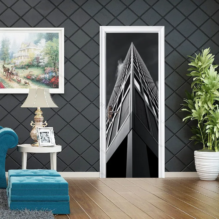 Самоклеящаяся 3d-наклейка на дверь черно-белая известная городская архитектура