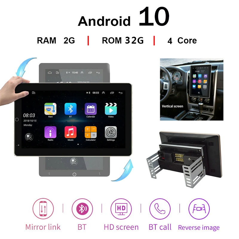 

2G+32G 10.1 Inch 2 din Car Radio Stereo GPS Auto Multimedia Player Rotatable Large Screen Android 10 Autoradio 2din Head Unit