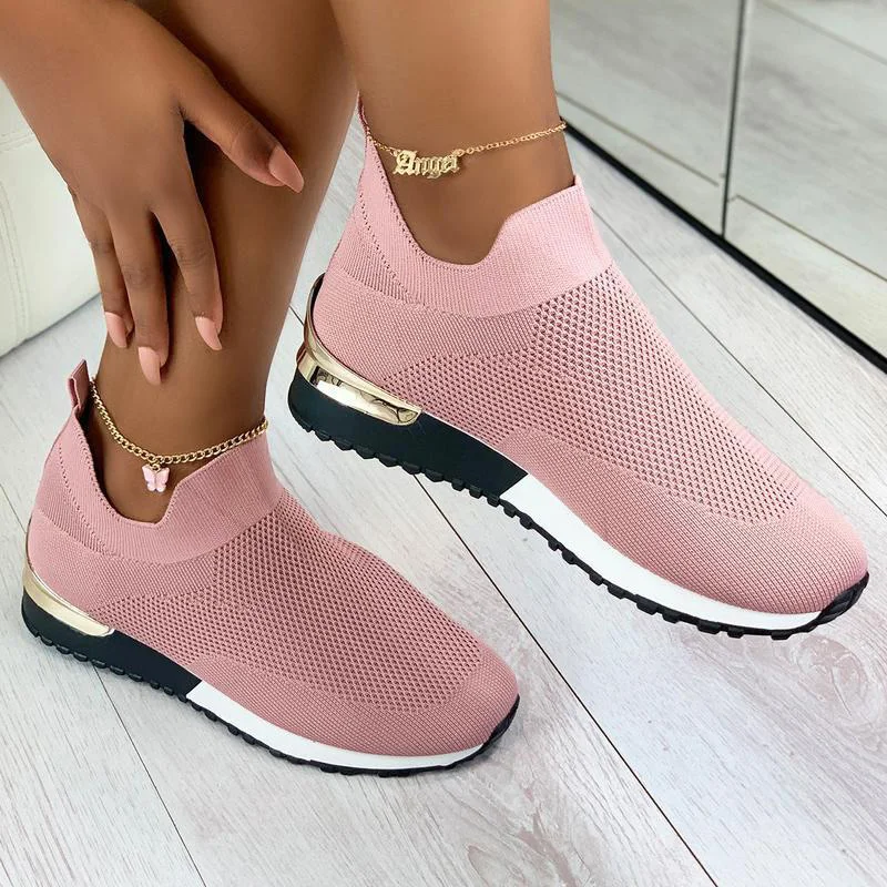 

Women New Knitted Sneakers Mesh Breathable Non Slip Female Flat Shoes Shallow Slip On Round Toe Women's Footwear 2021 Spring