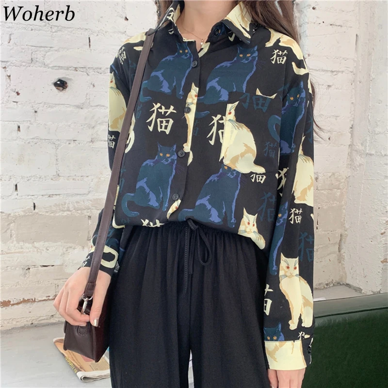 Woherb корейский Blusas топы Женская блузка хараджуку с рисунком кота рубашка 2021
