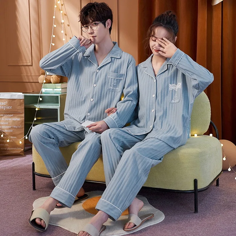 

Cotton Couples Home Clothing Lovers Homedress Pajamas Fashion Women's Long Sleeved Trousers Nightdress Men's leisure Sleepwear