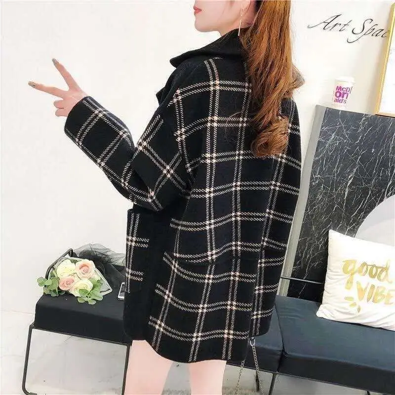 

Plaid Double-sided Woolen Woolen Coat Women's Mid-length Loose Winter New Imitation Mink Woolen Woolen Coat Trend