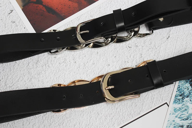 

Black Pu Leather Metal Chain Split Wide Belt Personality Women New Fashion Tide All-match Spring Autumn 2021 1DD0716