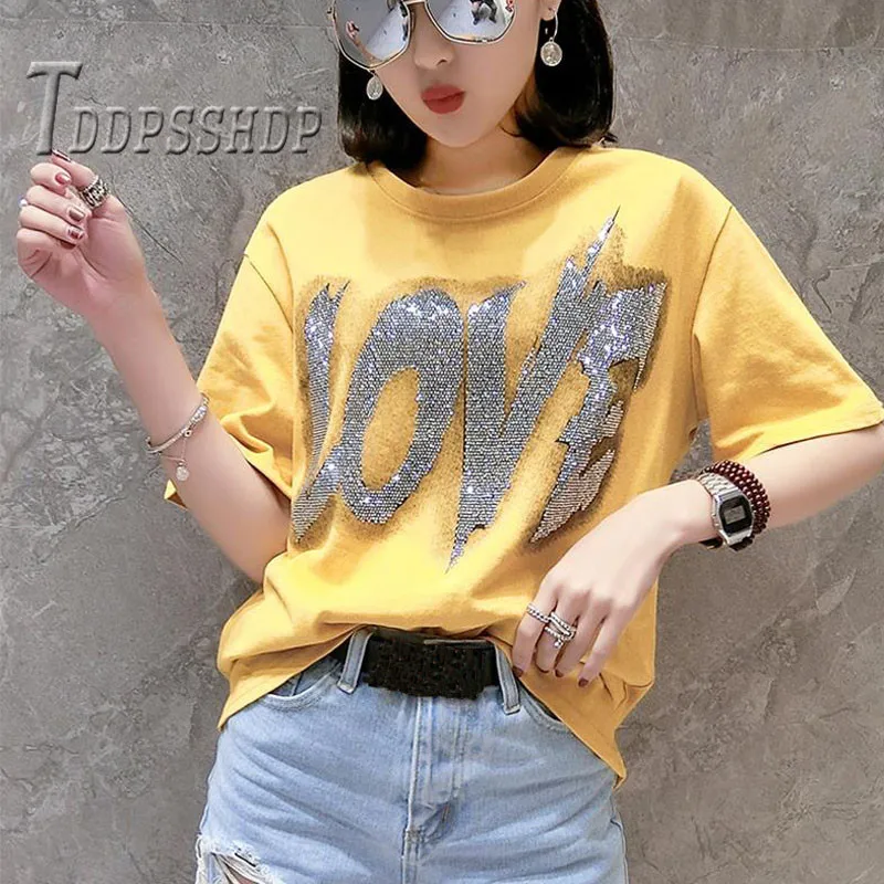 

2019 4 Colors Can Choose Hot Drilling Women T Shirt Short Sleeve Round Neck Female Tee Shirts