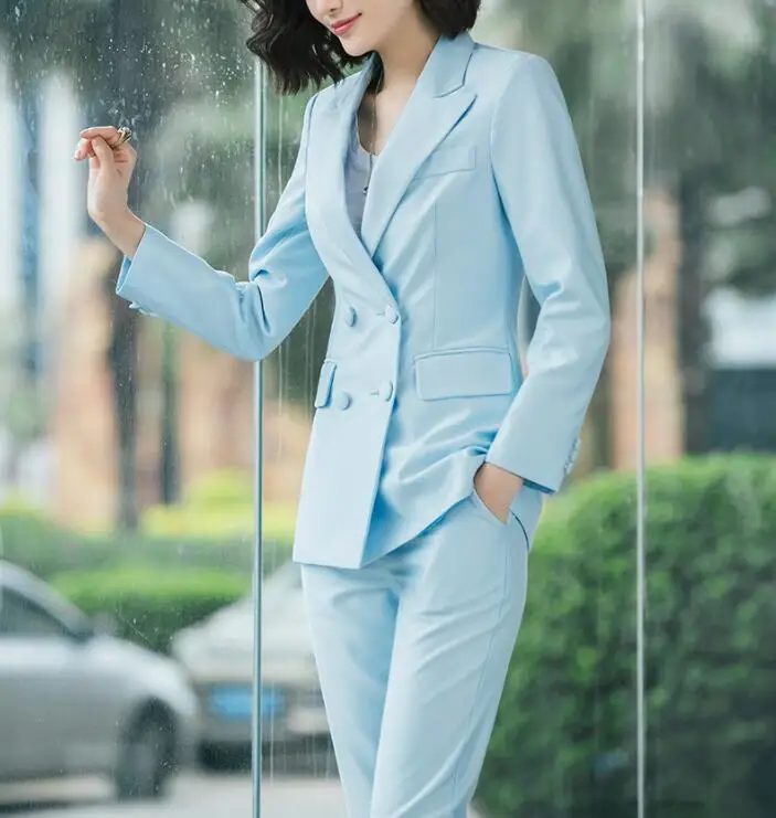 

Pants Suit Women Office Ladies Wear Business Formal Work Elegant Double Breasted Long Sleeve Casual Blazer 2 Piece Set Plus Size