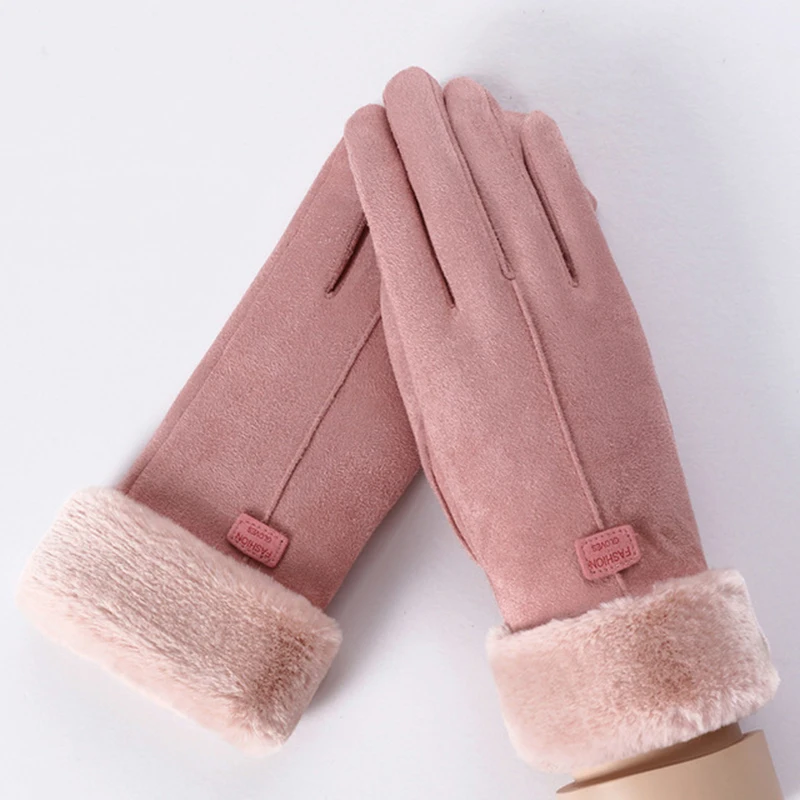 pink MoneRffi зимние женские шерстяные перчатки теплая кашемировая замша ткань теплые толстые плюшевые наручные зимние перчатки Женские варежки для вождения - Цвет: pink