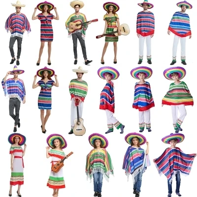 Halloween Adults Kids children stripe Mexico dress costume Cloak cape straw hat for women men performance costumes Mexican suit |