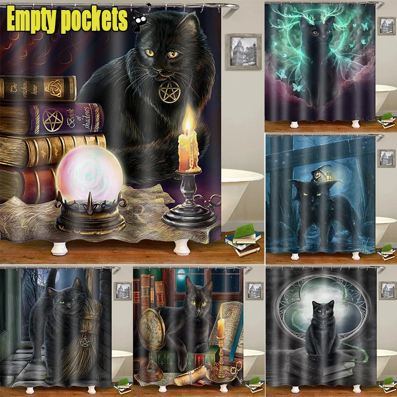 

Занавеска для душа с изображением ведьмы Салема и кота на Хэллоуин, креативная индивидуальная дизайнерская Штора для душа, декор для ванной...