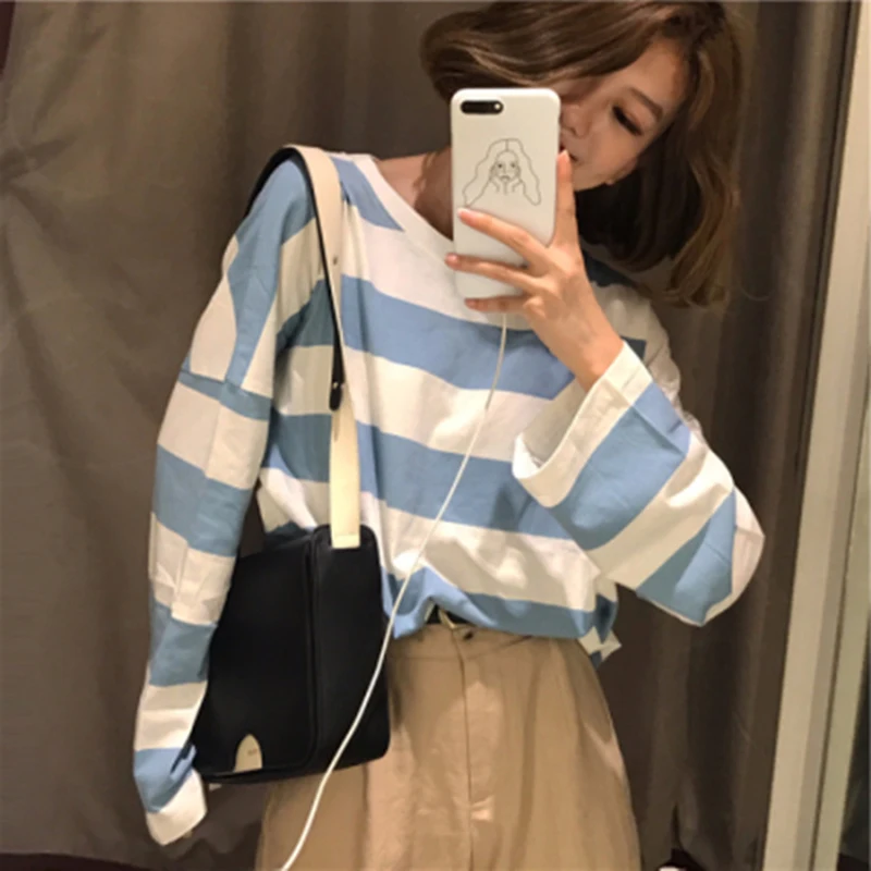 

Women Fashion Autumn Bottoming TShirt Women New Loose Korean Student Shirt Striped Long-Sleeved T-shirt Autumn Clothes Top 2020