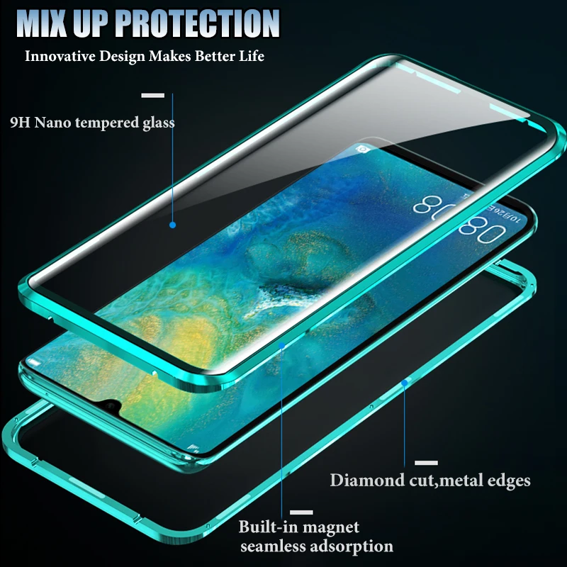 Двухсторонний стеклянный магнитный металлический чехол для Huawei P40 30 20 Lite Mate Honor20 9X
