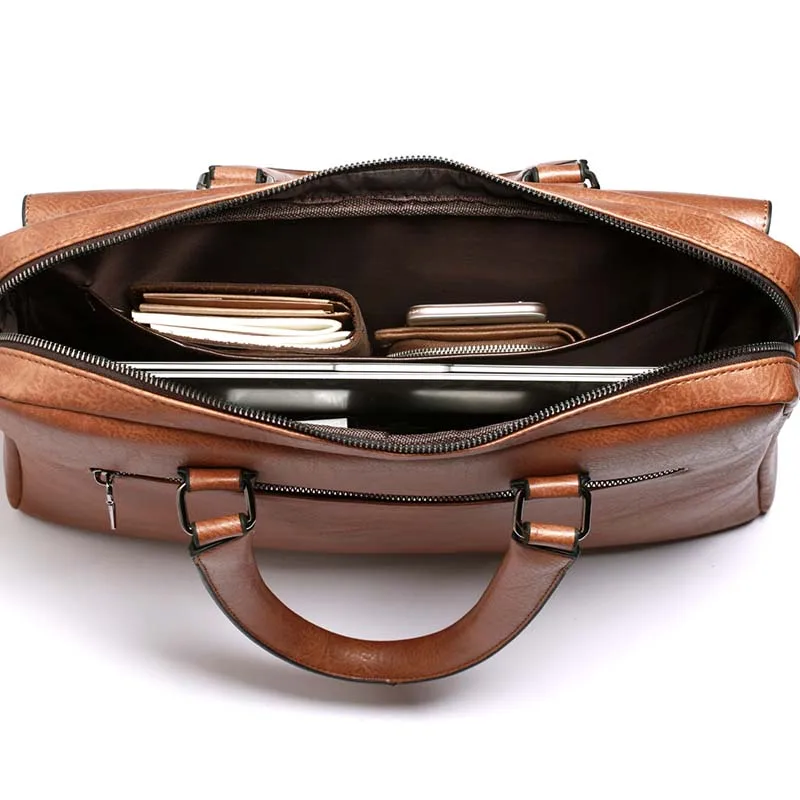 Retro Men PU Leather Black Briefcase Business Men Handbags Male Vintage Shoulder Messenger Bag Men 14inch Large Laptop Handbags