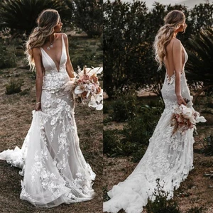 Elegant Country Mermaid Wedding Dress Deep V Neck Open Back Flowers Lace Ruched Court Train Hollow Bridal Gowns