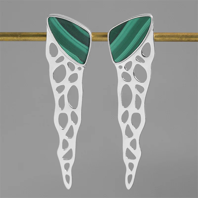 Серьги-подвески из Малахита с 925 пробы серебристо-зеленого цвета роскошные