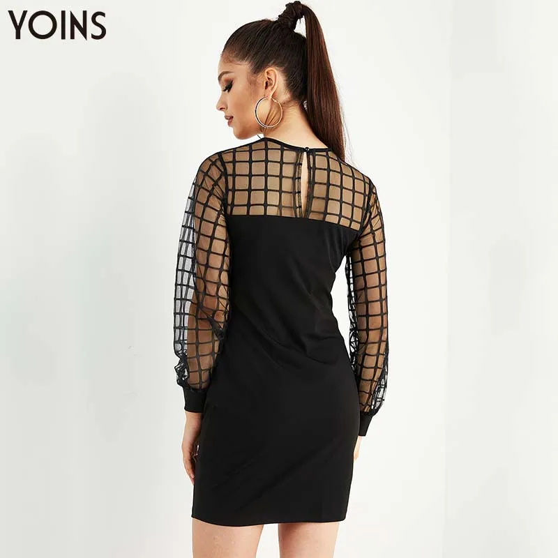 YOINS 2020 осенне-зимнее женское платье стильное полупрозрачное черное Сетчатое с