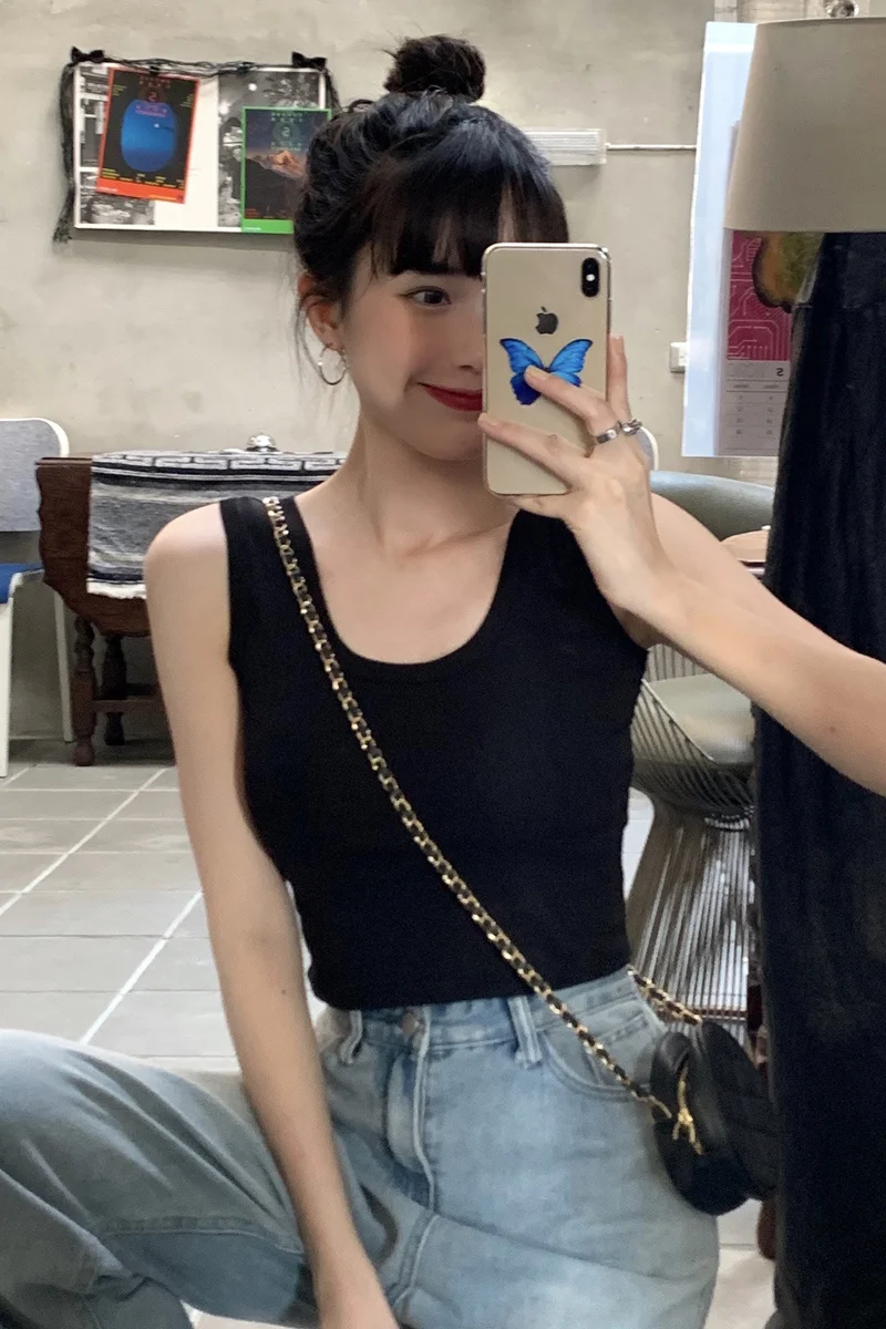 Корейский шикарный короткий топ на бретелях без рукавов и жилет | Женская одежда