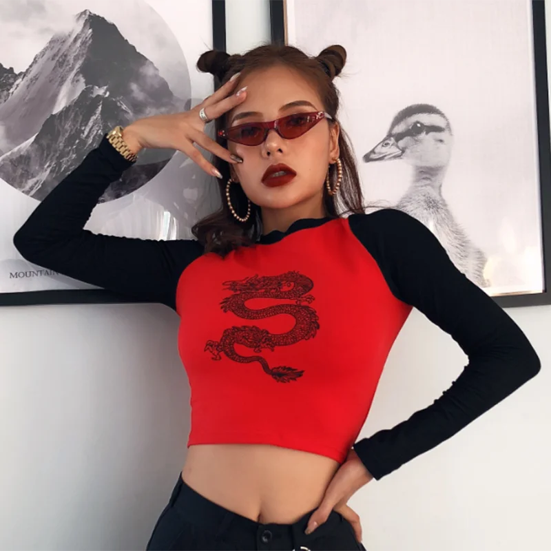 Sweetown Повседневная модная футболка с принтом дракона с круглым вырезом контрастного цвета в стиле пэчворк с длинным рукавом Осень-зима женские футболки