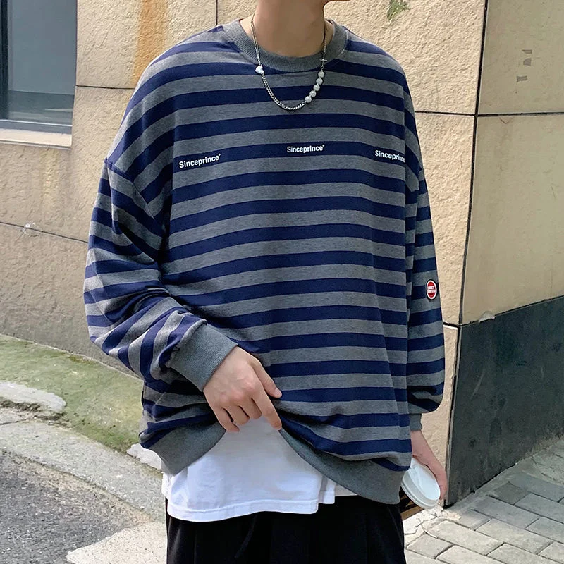 

Neploha Korean Style Stripe Long Sleeve Sweatshirts Fashion Streetwear Casual Male Pullover Tops Oversize O Neck Men Clothing