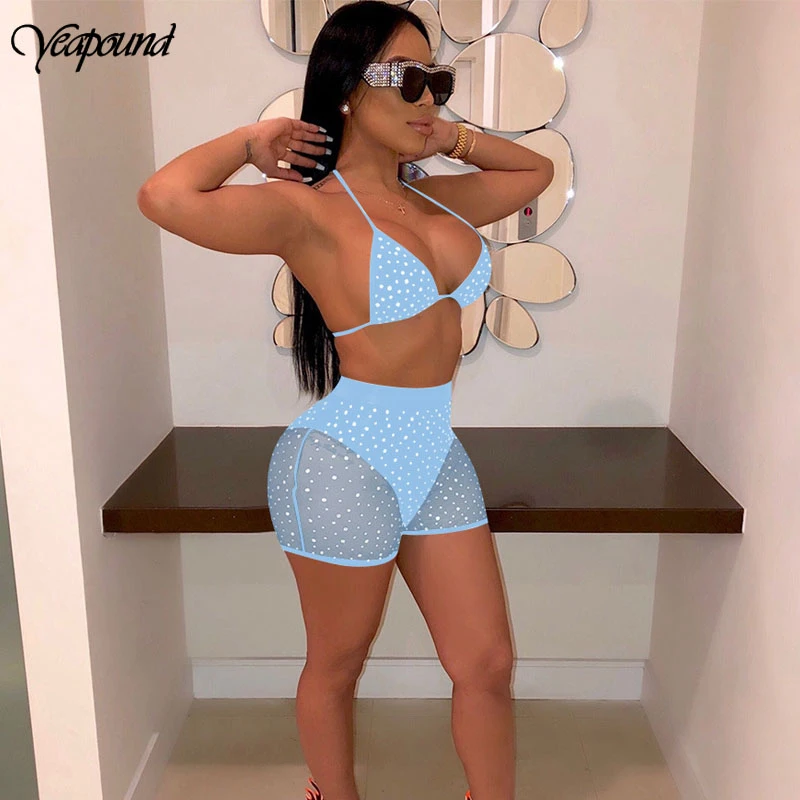 

V образным вырезом прозрачные, комплект модной одежды с лямкой на шее висит шеи Топ с сеткой и блестками костюм из двух предметов с низким вы...