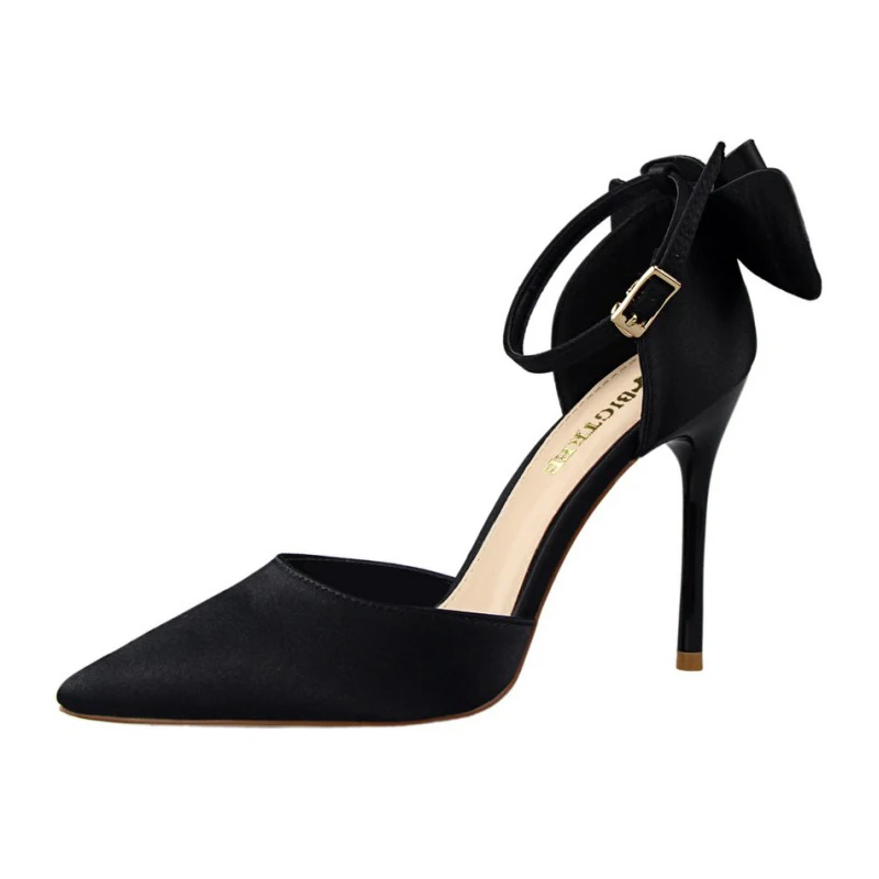 

High heel sandals ladies 2021 summer fashion women's shoes fine heel shallow mouth pointed satin bow sexy word strap sandals
