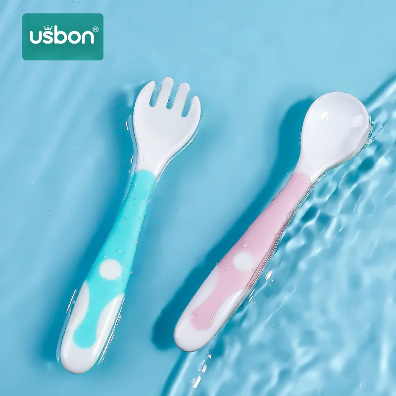Usbon 2Pcs Bendable Baby Spoon Fork Set Toddler Infant Learning Tableware Flatware Utensils Kids Cutlery with Storage Box | Мать и