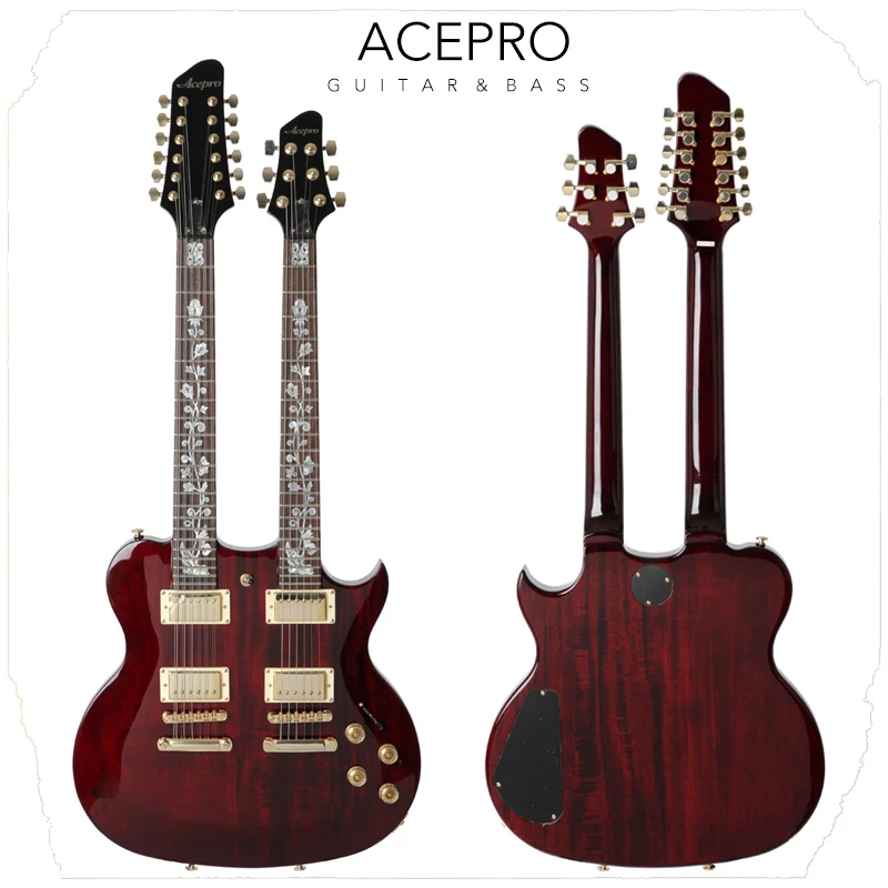 Винно-красная электрическая гитара Acepro с двойной шеей и корпусом из липы резная