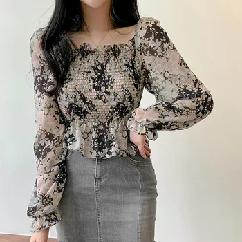 Women's Blouses Floral Print Chiffon Shirt Spring Autumn Fashion Square Collar Sexy Sweet Long Sleeves Chiffon Shirts 1