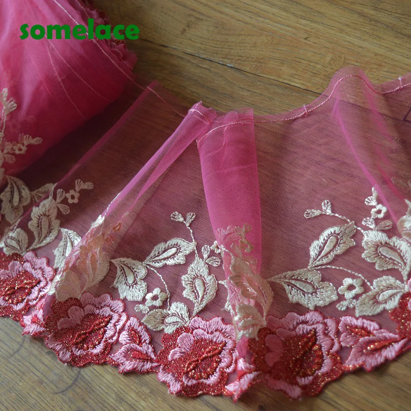 2Yd/Лот 18 см в ширину розовый Gazue флуоресцентный красный цветочный Вышивка высокое
