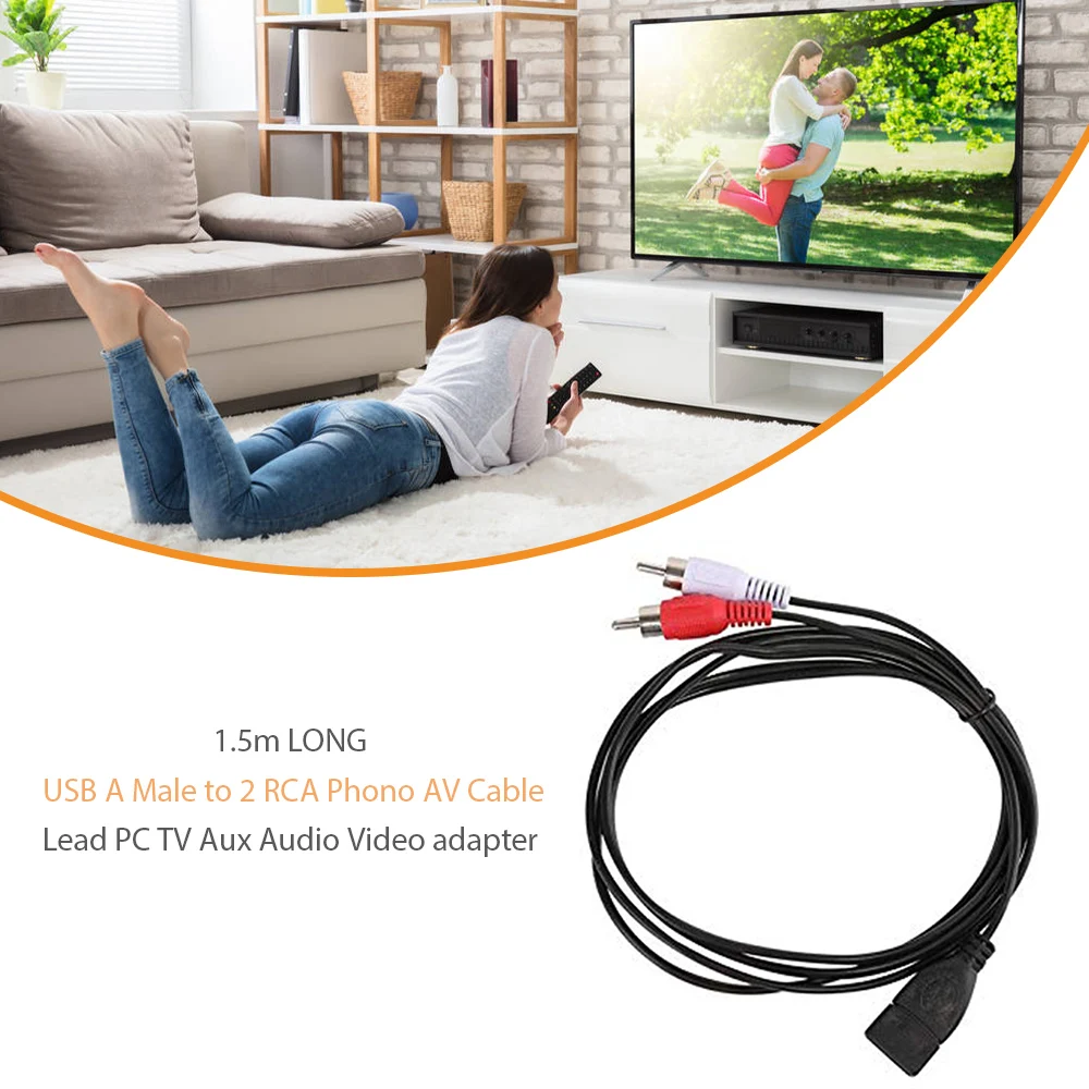 

USB A Female to 2 RCA Male Extension Cable Audio Video adapter 1.5 m / 5ft
