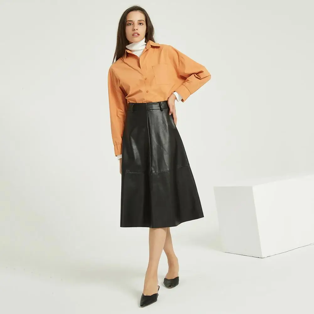 Юбка трапециевидная из искусственной кожи с высокой талией Осень-зима | Женская