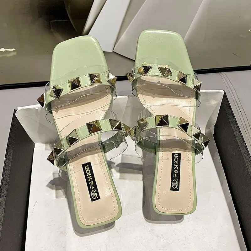 

Women Mid Heel Sandals Crystal Clear Heels Summer Sandals Peep Toe Ladies PVC Metal Rivets Shoes Sandalias De Verano Para Mujer