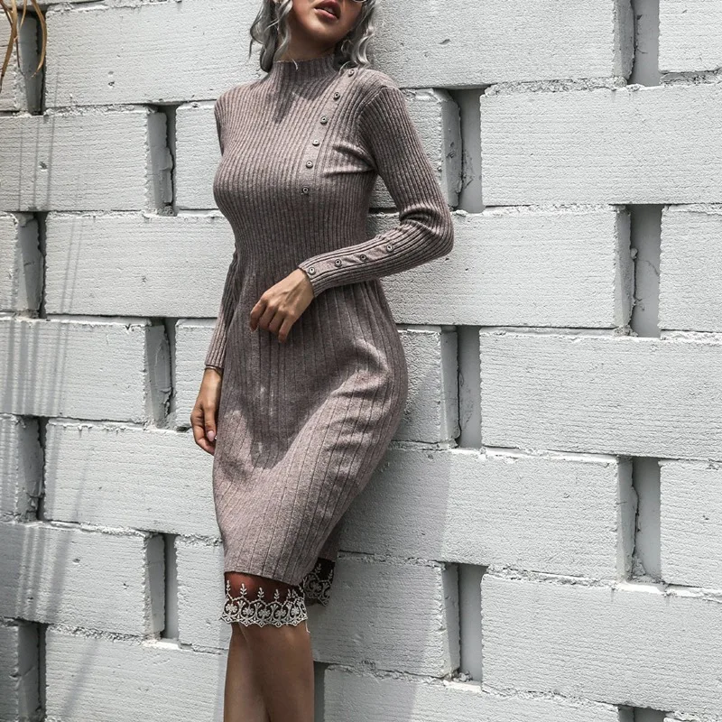 

Lace Stitching Buttons Ladies Autumn/Winter Sweater Dress Ribbed Slim Elastic Long Sleeve Mid-Length Dress
