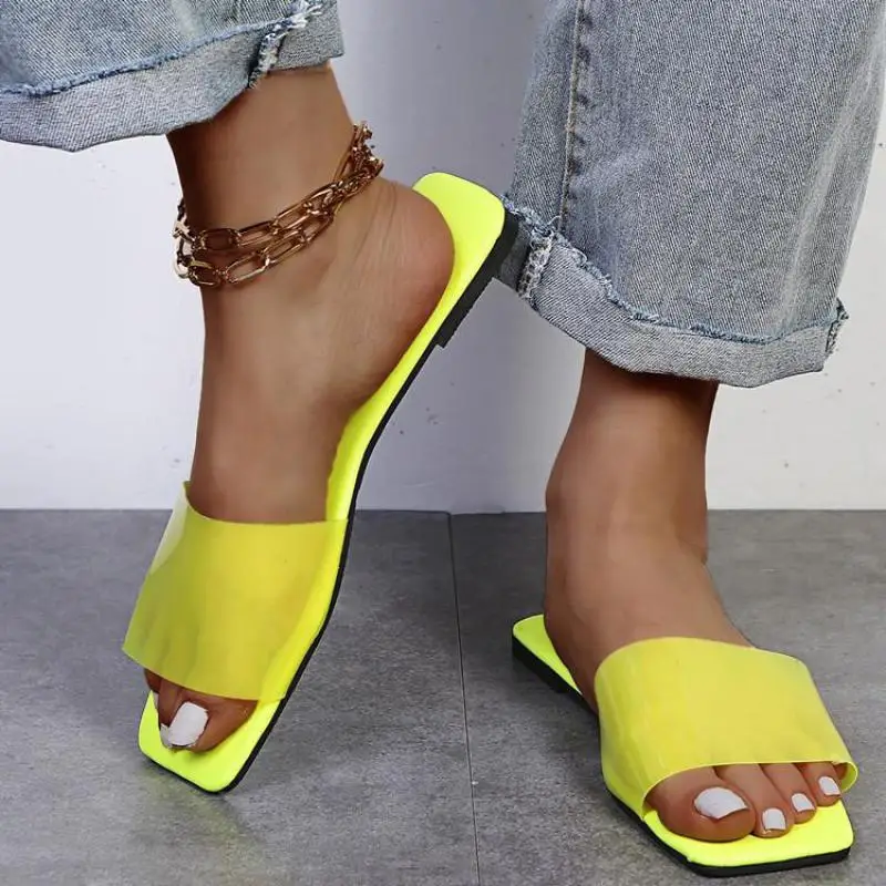 

2021 New Clear Candy Color Women's Sandals Square Toe Summer Shoes Transparent Slippers Pvc Size 35-44 Mules Shoes Women