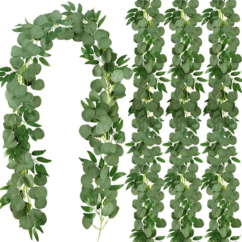 

4 Packs 6.5 Feet Artificial Silver Dollar Eucalyptus Garland with Willow Vines Twigs Leaves, Greenery Garland