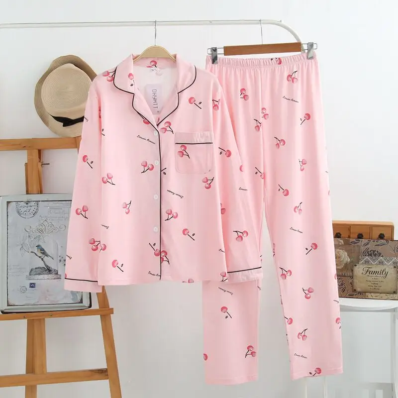 Весна New Ladies пижама Set Перо Печатный Полный хлопок Свежий стиль пижамы набор