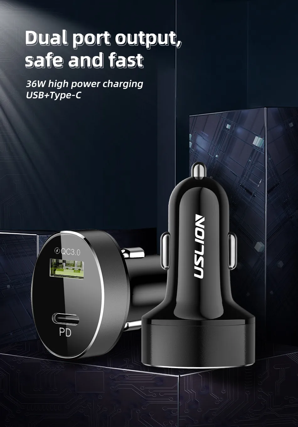 USLION 36 Вт Быстрая зарядка 3,0 USB Автомобильное зарядное устройство для iPhone 11 Pro 11Pro Max huawei PD3.0 type C быстрая зарядка автомобильное USB C зарядное устройство для телефона