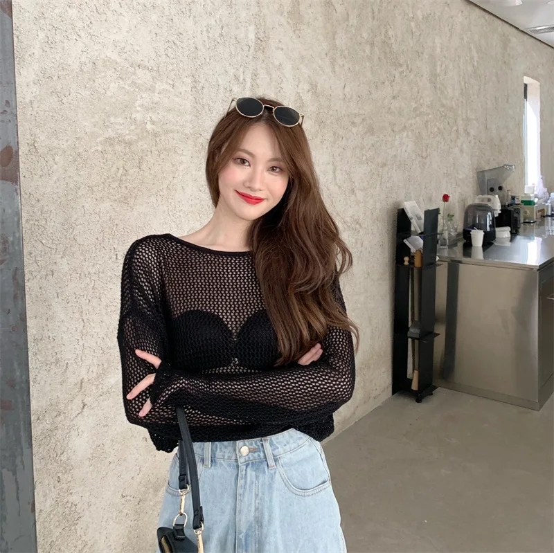 

Black White Women French Sexy Long Sleeve Backless Knitted Sunscreen Shirts Club Dance Elegant Tee Tops Korean Style T-shirt