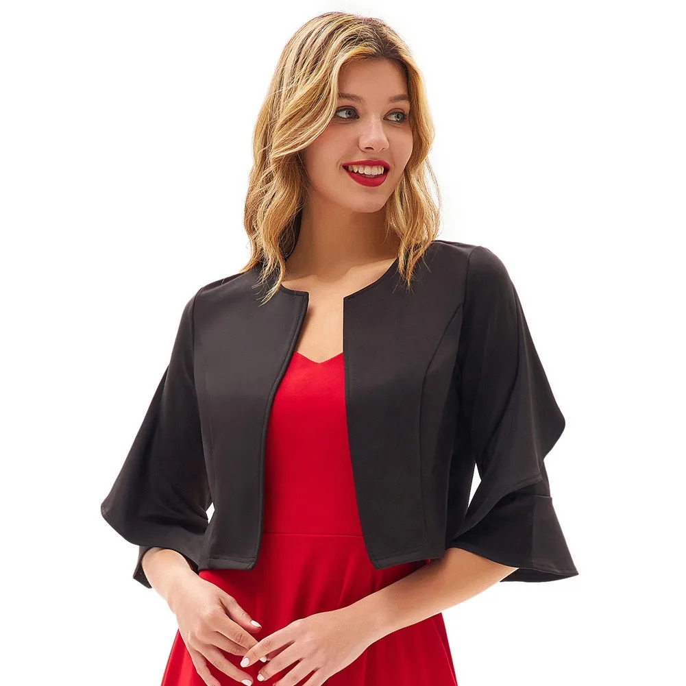 

Women's Ruffle Sleeve Open Jacket 3/4 Sleeves Crew Neck Cropped Tops Summer Formal Wedding Party Bolero Lady Shrug