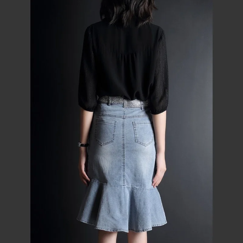 Summer Elegant Black Chiffon Shirt & High Waist Denim Ruffle Skirt Two Piece Set Office Lady Fashion Wrap Knee Skirt Women