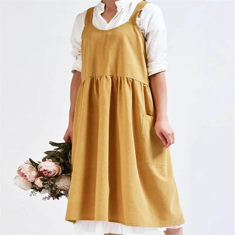 

Retro Solid Color Medieval Cotton Linen Cooking Kitchen Aprons For Woman Dress flower Shop Smock Hairdresser Bib Garden Apron