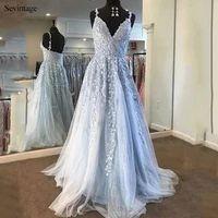sevintage chic spaghetti strap v neck long prom dresses lace pearls women formal party dress tulle evening gowns robe de soiree