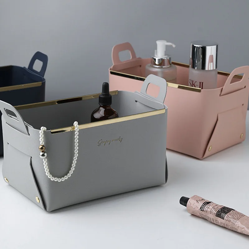 PU Leather Storage Basket Home Desktop Finishing Foldable Cosmetic Container High Capacity with Handle Sundry Key Tray | Дом и сад