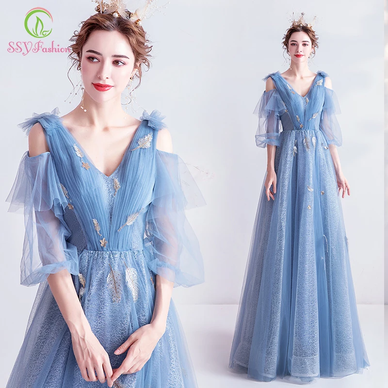 

Женское вечернее платье SSYFashion, синее кружевное платье до пола с V-образным вырезом и рукавами 3/4