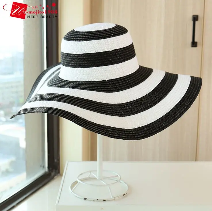 

Hot Women's Casual Straw Hats Girls Outdoor Striped Patchwork Paper Sun Hats New Summer Adult Flap Large Brim Beach Cap Hats
